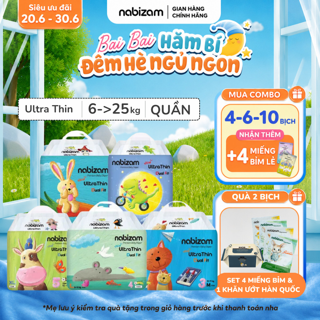 Tã/Bỉm Quần NABIZAM Ultra Thin Nội Địa Hàn, Mềm Mỏng Size M32/L30/XL26/2XL22/3XL20 Cho Bé 6-25kg
