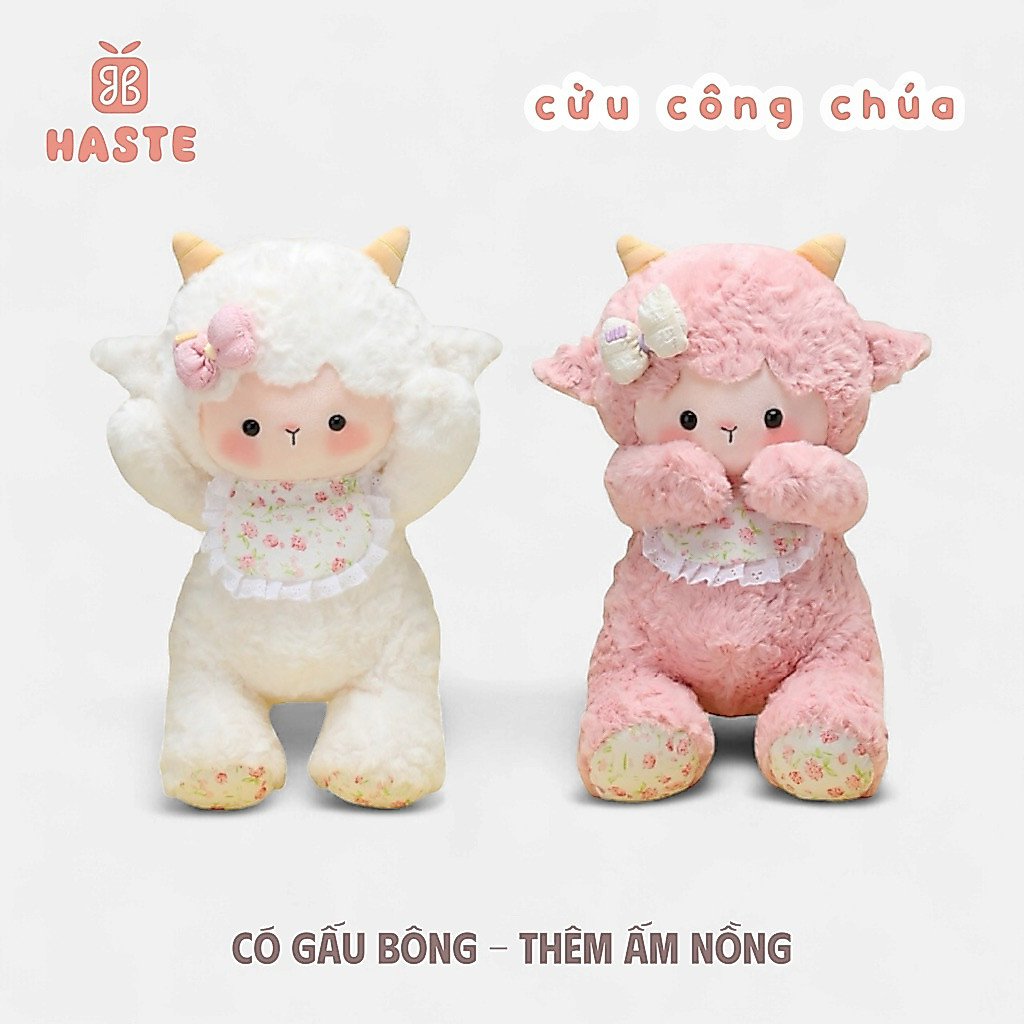 Gấu Thú Bông Cừu Bông Tiểu Thư Công Chúa Trắng Hồng Đeo Yếm Nơ Hoa Quà Tặng Độc Đáo Lông Xù Siêu Mềm Mịn Siêu Dễ Thương