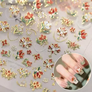 Nhãn dán móng tay EDIWANY, Nhãn dán nghệ thuật làm móng khung kim loại cổ điển dập nổi 5D, Thiết kế hoa hồng hình trái tim màu đỏ sang trọng Hiệu ứng lấp lánh Trang trí móng tay DIY Nail Art