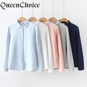 Áo Sơ Mi Nữ Vải Lanh Cotton Màu Trơn Nữ Cổ Áo Trơn Sinh Viên Nhật Bản Áo Sơ Mi Hàng Đầu