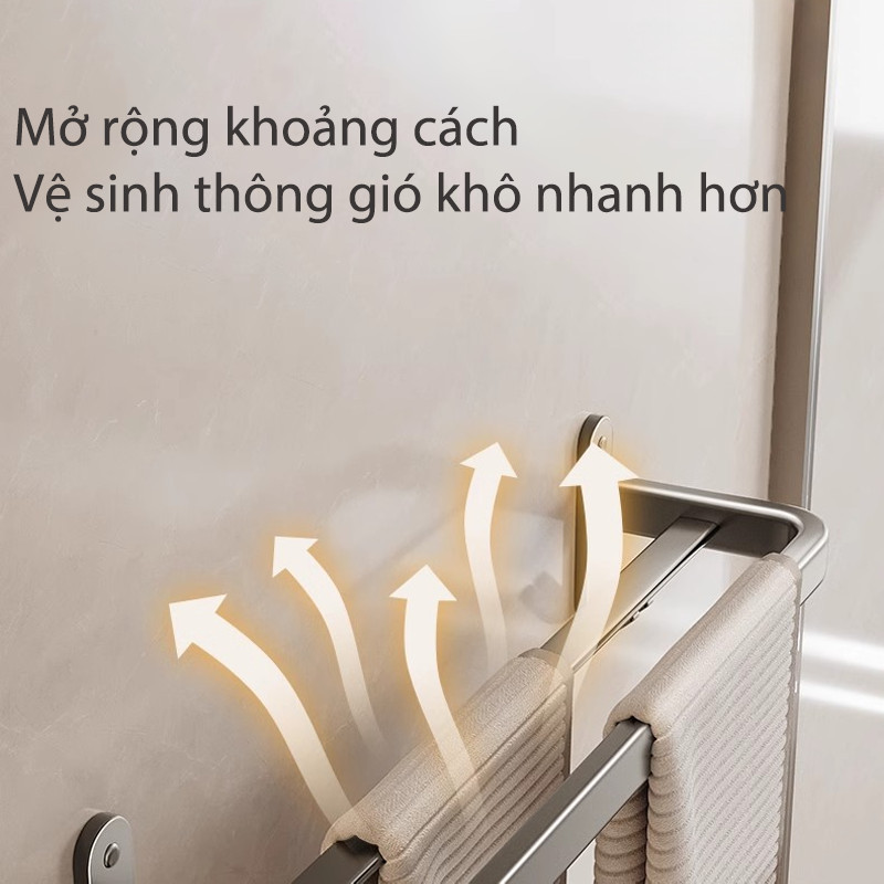 Giá Treo Khăn Nhà Tắm Dán Tường, Nhôm Hàng Không, Kèm Thanh Móc Treo Đồ, Gấp Gọn, tặng kèm keo dán tường