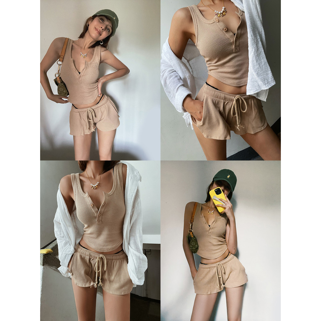 Mỹ Quần Short Waffle RetroSlimmer nhìn dài chân, eo thấp có túi, phù hợp tập yoga