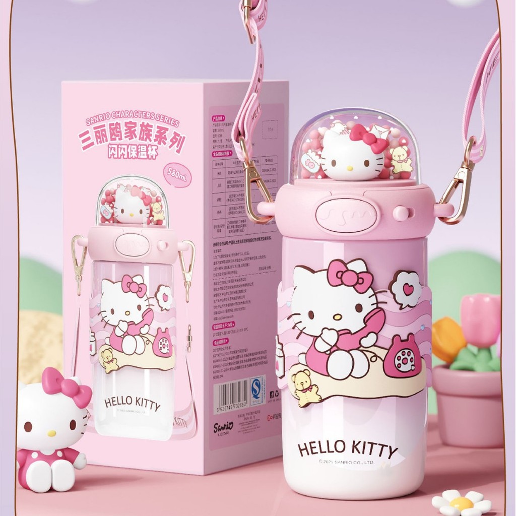 Bình Giữ Nhiệt Sanrio 580ml Dễ Thương Hello Kitty Kuromi Cinnamoroll Giai Điệu Hoạt Hình Dung Tích Lớn Ống Hút Bình Inox