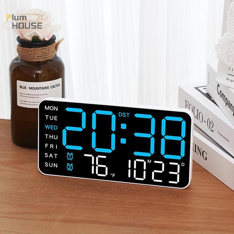 PlumHOUSE Đồng hồ treo tường kỹ thuật số lớn Ngày trong tuần Hiển thị nhiệt độ Bàn điều khiển bằng giọng nói Đồng hồ báo thức LED Độ sáng Có thể điều chỉnh Đồng hồ 12 / 24H VN