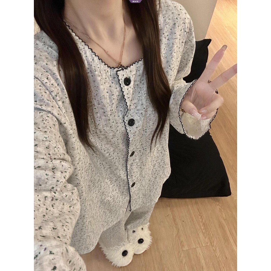 Bộ đồ ngủ dài tay phong cách hoa Hàn Quốc cho xuân thu mới, kèm cardigan mặc nhà