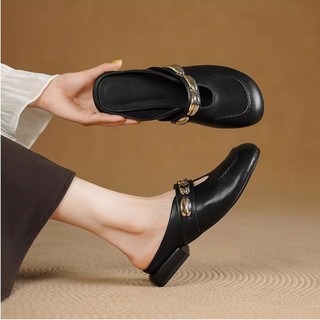 Phong Cách Pháp Bên Trong Tăng Chiều Cao Baotou Nửa Dép Nữ PU Dây Đeo Bằng Mary Jane Giày Sandal