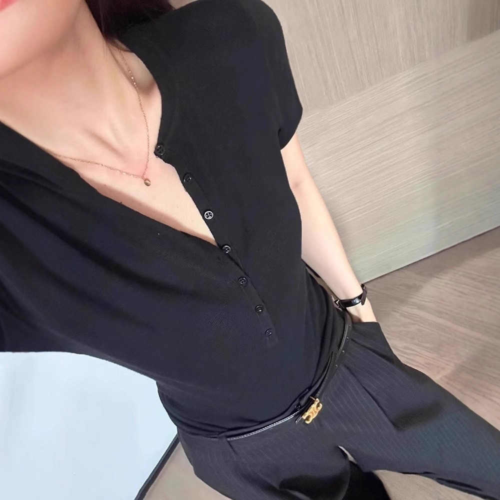 Cao áo sơ mi tay ngắn nữ, chất liệu kaki slim-fit, cổ chữ V, phù hợp mùa hè