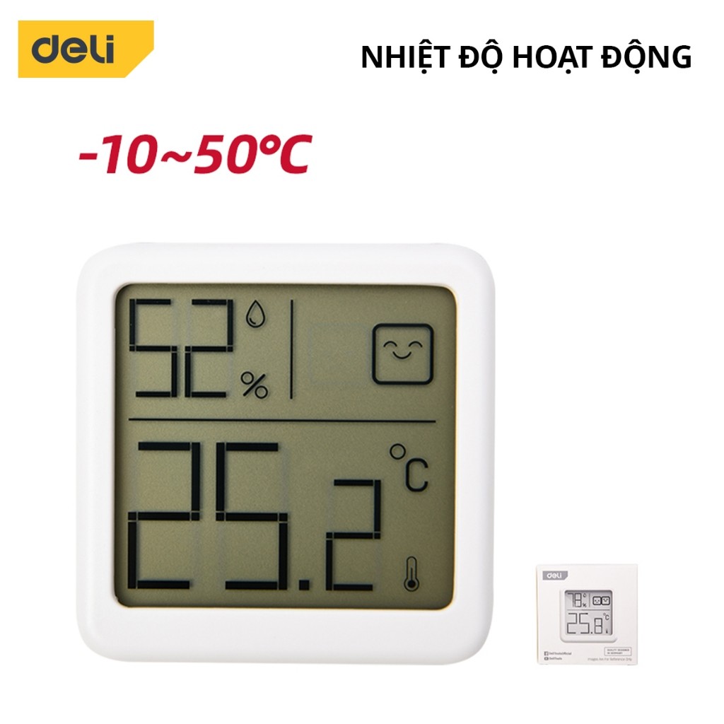 Nhiệt ẩm kế điện tử Deli - Đo nhiệt độ độ ẩm nhỏ gọn xinh xắn có biểu tượng cảm xúc