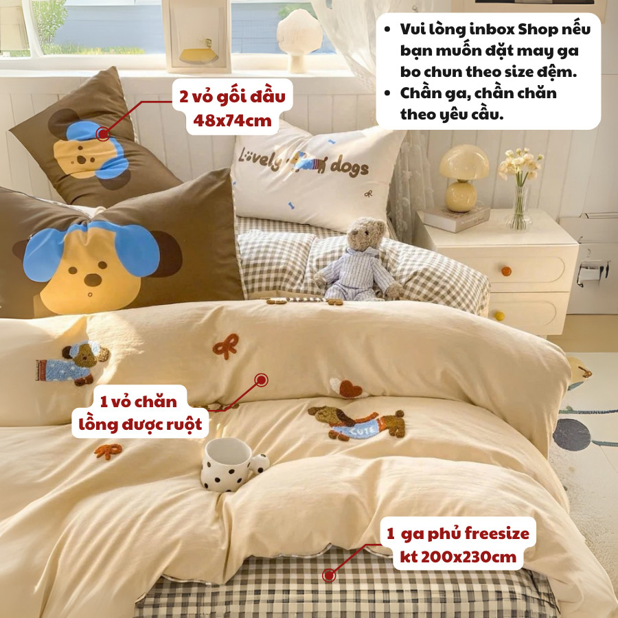 Bộ vỏ chăn ga gối Cotton Đũi Thêu 4 món Memminbedding Luxury họa tiết 5D dễ thương, mềm mịn, thoáng mát- ST312