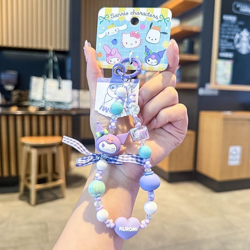 Phụ Kiện Điện Thoại Di Động Chính Hãng Sanrio Hoạt Hình Kuromi KT Mèo Nơ Hạt Ngắn Dây Xích Điện Thoại Di Động Móc Chìa Khóa Đính Hạt Dây Đeo Cổ Tay Điện Thoại Di Động Đa Năng