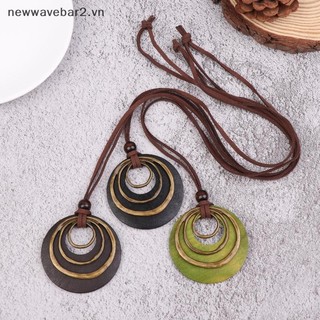 Dây chuyền hình học mặt vòng tròn gỗ, kèm da và xích nhiều lớp - Trang sức vintage thời thượng