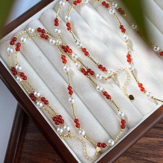 N1062 Vòng Cổ Dây Chuyền Ngọc, Chuỗi Hạt Ngọc Trai Nhân Tạo Trắng Đỏ Phối Bi Vàng, Sang Trọng Cho Nữ