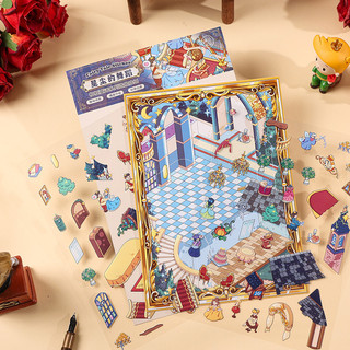 ENWEI 3 Cái [Khung Truyện Cổ Tích Series] Miếng Dán Phong Cảnh Lớn 3D Chống Thấm Nước Wonderland Adventure Stardust Dance Phong Cách Hoạt Hình Màu Đỏ Để Viết Nhật Ký Trang Trí Người Lập Kế Hoạch