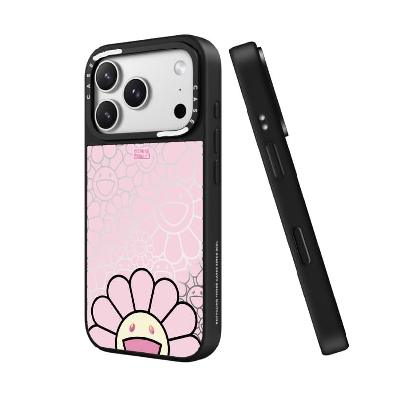 TAKASHI MURAKAMI x CASECASE: FLOWERS BLOOM SMILE (HỒNG) Gương đen & bạc Vỏ iPhone hút từ tính cho iPhone 17 Air 16 15 14 13 12 Pro Max Plus logo khắc