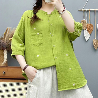 Hàng sẵn có] Áo sơ mi nữ 100% Cotton chất lượng cao Áo sơ mi thêu văn học Nơ tay ngắn tay trung bình Xanh đại học mùa hè hàng đầu