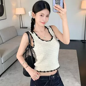 Áo Vest dệt kim ren màu tương phản bằng lụa băng nữ mùa hè phong cách mới cổ chữ U Slim-fit Áo không tay ngắn