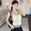 Áo Vest dệt kim ren màu tương phản bằng lụa băng nữ mùa hè phong cách mới cổ chữ U Slim-fit Áo không tay ngắn