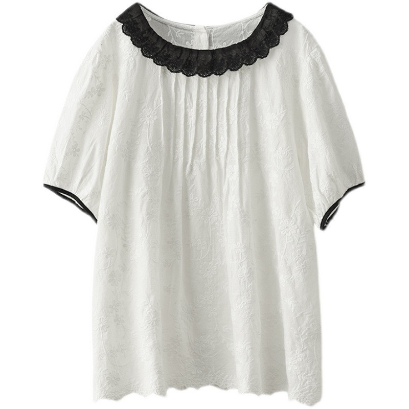 Áo sơ mi nữ chất liệu cotton cao cấp Hàn Quốc Dongdaemun cổ búp bê ren cổ điển lót thêu văn học