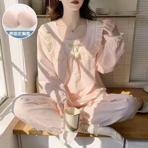 Bộ Đồ Ngủ Cotton Đám Mây Mùa Thu Đông Xuyên Biên Giới, Bộ Nút Bướm Hoa Ba Chiều Cổ Tròn Cho Nữ, Bộ Đồ Mặc Nhà Đệm Ngực