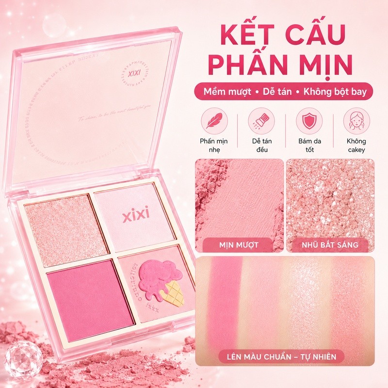 XIXI D511 Bảng Má Hồng 4 Ô Bắt Sáng Tự Nhiên Tạo Hiệu Ứng Hồng Hào