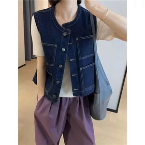 Áo Vest Denim cổ điển dành cho nữ Xuân Thu Phong cách mới Plus Size Fat Sister All-Match Loose Layered Áo ghi lê nữ hàng đầu