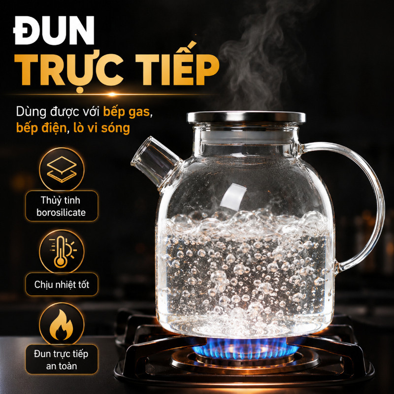 Bình Thủy Tinh Borosilicate - Nắp Inox 304, Chịu Nhiệt, Dung Tích 1000-1800ml, Uống Nước An Toàn & Lành Mạnh