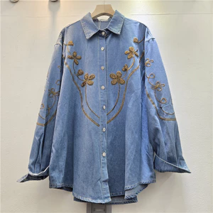 Retro Công Nghiệp Nặng Hoa Đính Hạt Thêu Áo Sơ Mi Denim Nữ 2026 Đầu Thu Phong Cách Mới Ve Áo Rời Áo Top Hợp Thời Trang