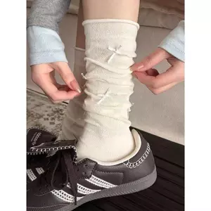 Mùa xuân hè Phong cách mới Over-the-Knee White Calf Pile Socks Nơ dễ thương Phong cách múa ba lê Cô gái Tất Lolita