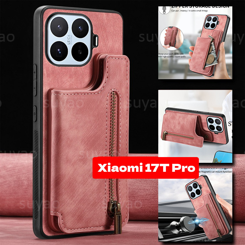 Dành Cho Xiaomi 17T Pro 17TPro 2026 Ốp lưng Dây Kéo Sang Trọng Thẻ Ví Da Từ Tính Flip Casing Xiaomi17TPro Xiaomi17T Dây Đeo Cổ Tay Giá Đỡ Mặt Sau