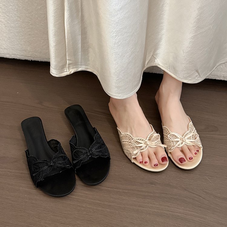 Phong Cách Hàn Quốc Màu Trơn Nơ 3cm Hàng Ngày Thanh Lịch Lật PU Chống Trơn Trượt Nữ Mặc Ngoài Nhà Cao Cấp