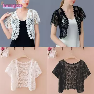 Áo khoác ren BORAGETE, Áo khoác mùa hè cô dâu màu đen / trắng, họa tiết hoa thanh lịch mở phía trước tay ngắn hoa dành cho nữ