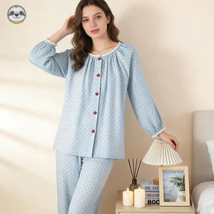 Vòng bít co giãn viền ren nữ Bộ đồ dài tay / Quần dài tay cổ tròn chấm bi Bộ đồ ngủ Cotton nguyên chất / Thoải mái