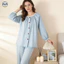 Vòng bít co giãn viền ren nữ Bộ đồ dài tay / Quần dài tay cổ tròn chấm bi Bộ đồ ngủ Cotton nguyên chất / Thoải mái
