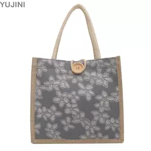 Túi xách vải Canvas hoa YUJUNI, Túi đựng cơm trưa dung tích lớn có thể tái sử dụng, Vải lanh đơn giản có nút Túi xách sách đi học Công nhân văn phòng