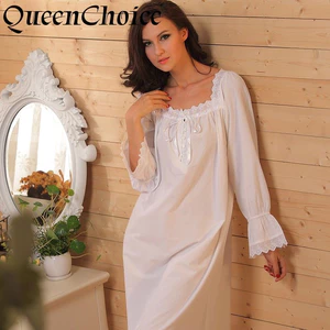 Phụ Nữ Cotton Chắc Chắn Trắng Váy Ngủ Vintage Váy Nữ Dài Tay Đồ Ngủ Váy Ngủ