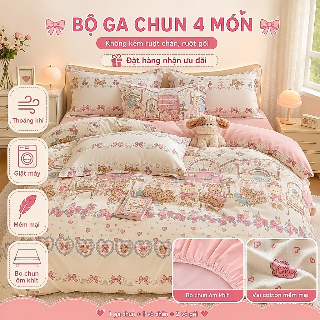 Bộ 4 Chăn Ga Ôm 100% Cotton Nguyên Chất Sẵn Kho, Dùng Cả Năm, Thoáng Khí Tốt, Giặt Máy Không Co Rút Không Phai Màu
