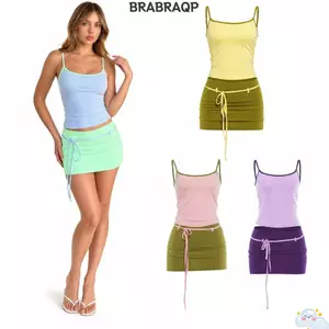 Bộ váy yếm nữ BRBRAA, Bộ váy mini hai tông màu tương phản Viền không lưng Bộ váy mini 2 mảnh, Xu hướng Spaghetti Dây đeo tương phản chắp vá Bộ váy mini hai tông màu Trang phục mùa hè