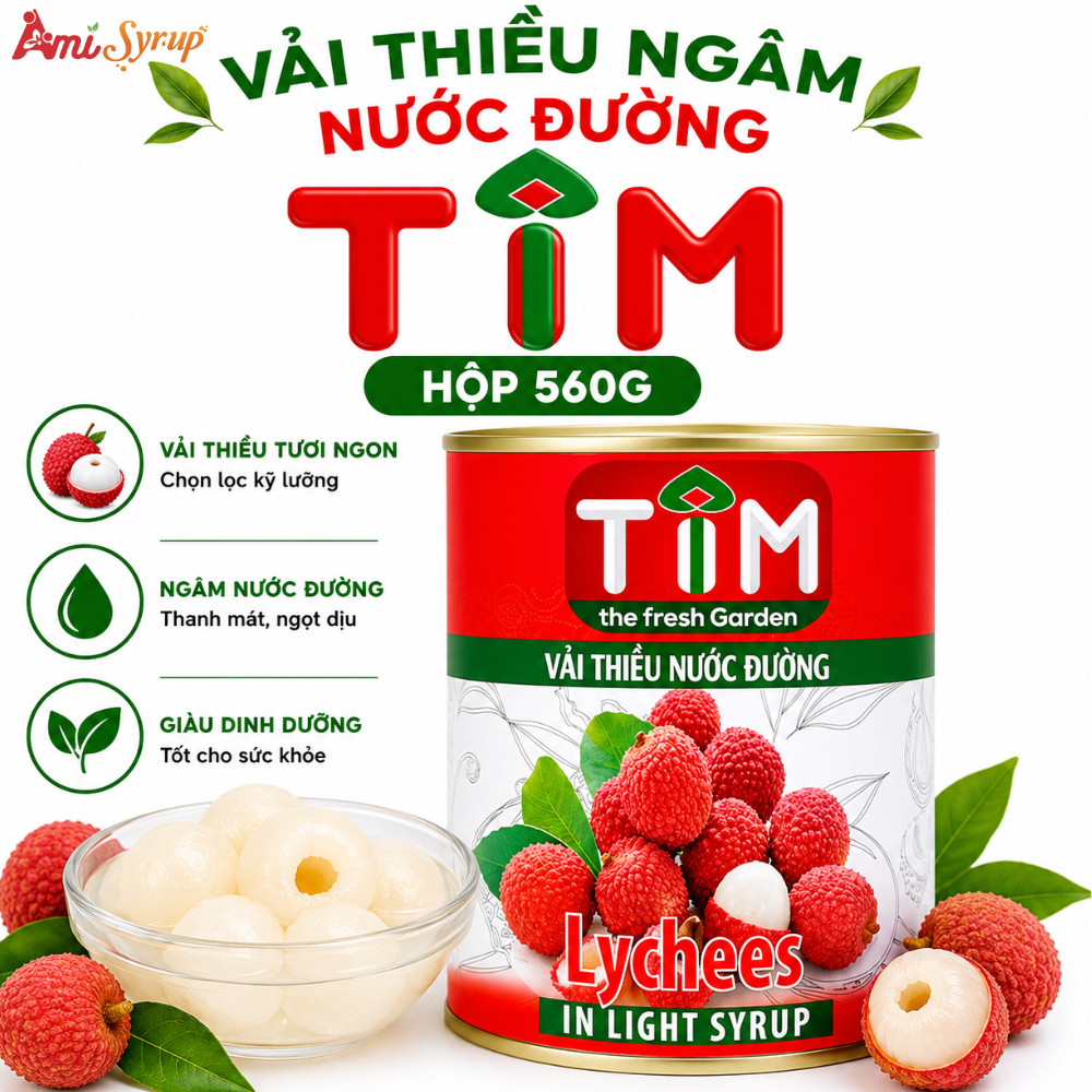 Vải Thiều Ngâm Nước Đường TIM Hộp 560g, Nguyên Liệu Pha Chế Trà Đơn Giản Chuẩn Vị Quán