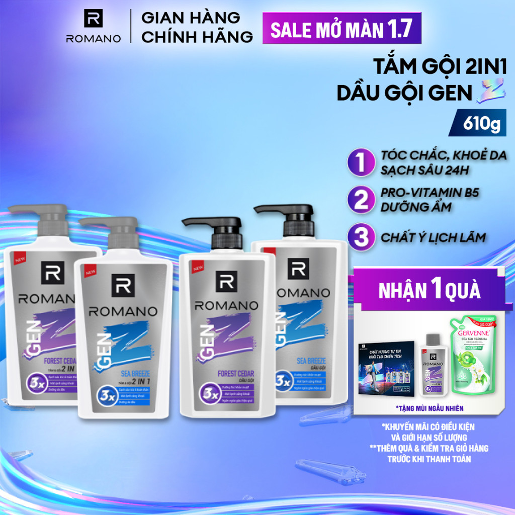 Tắm gội cho nam 2in1 cho nam / Dầu gội nam Romano Gen Z hương Sea Breeze/ Forest Cedar 610g / chai - 2 mùi hương có sẵn