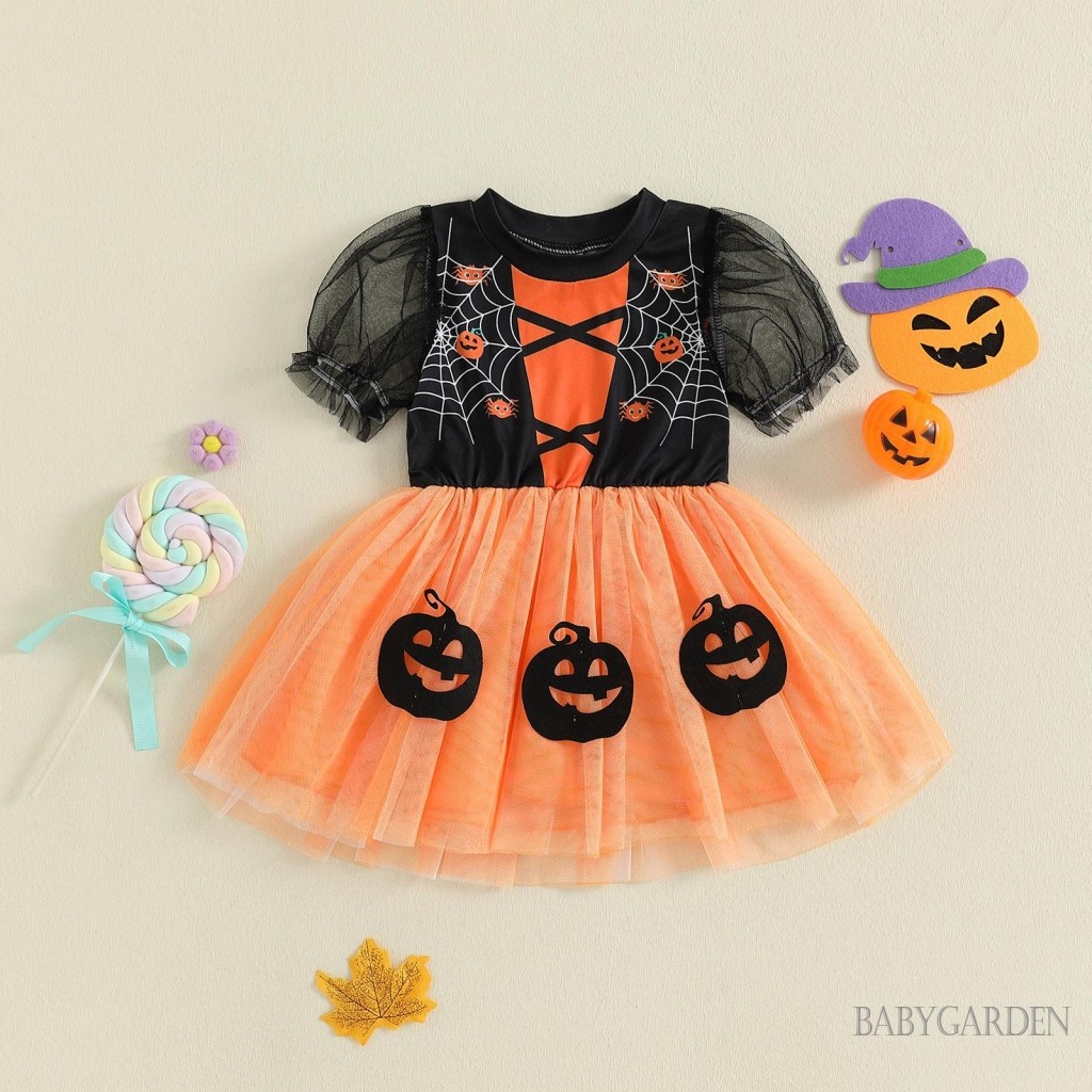 6m-4Y Bé Gái Halloween Váy tuyn Tay Ngắn Mèo Đen In Hình Họa Tiết Dơi Ma Quái