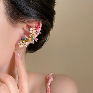 Bông Tai Kẹp Kim Cương Giả Nhiều Màu Sắc, Thiết Kế Hoa Tinh Tế, Phong Cách Sang Trọng Thanh Lịch