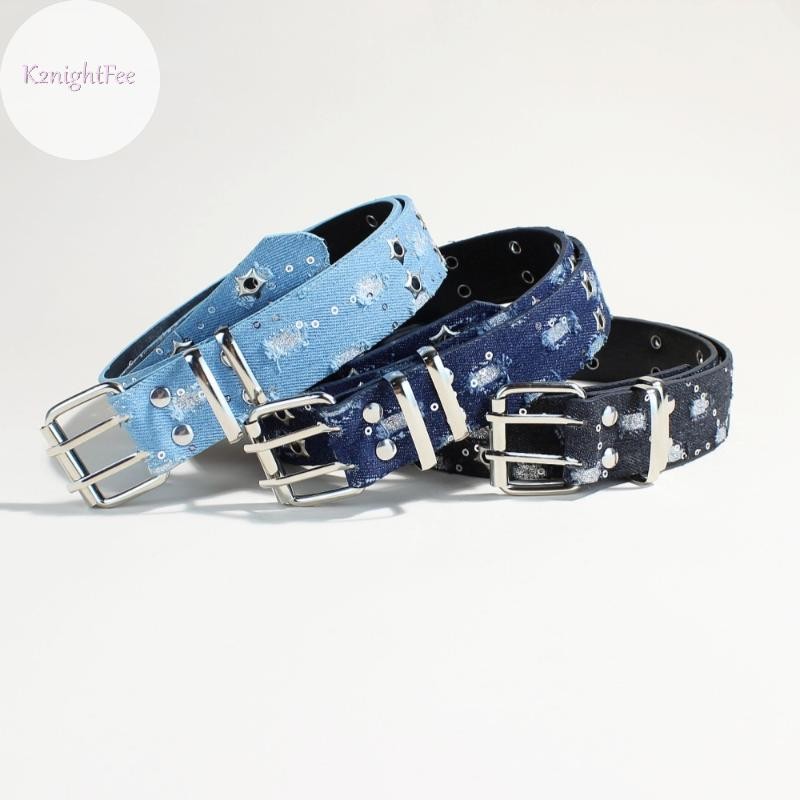 Thắt lưng thời trang mớipunk và denim xanh, sang trọng với khóa ngôi sao rỗng pin, phù hợp nam nữ