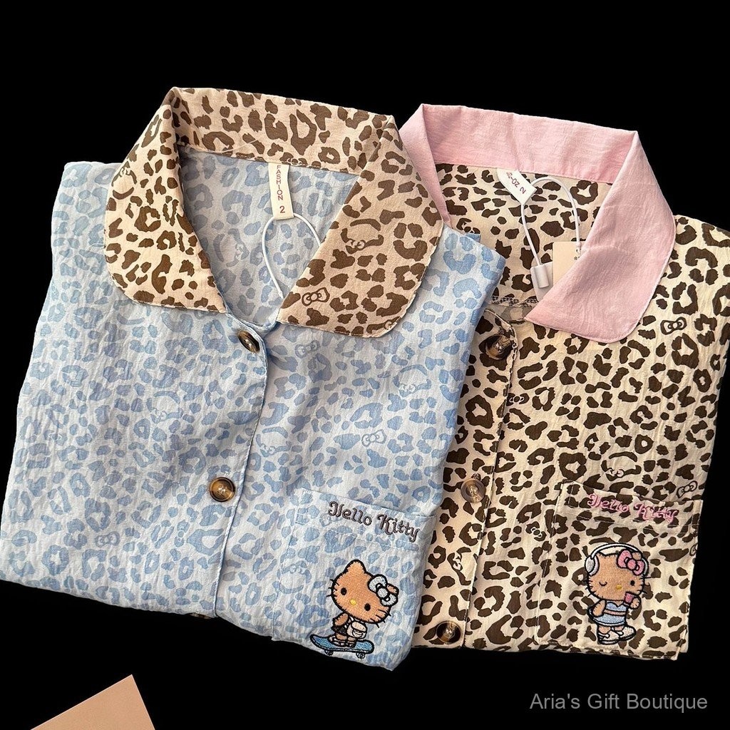 [Aria] Bộ Đồ Ngủ Ba Mảnh Nữ Mùa Hè Với Họa Tiết Da Báo và Hello Kitty