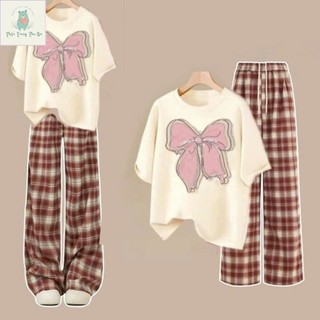 Sét Bộ Quần Ống Suông kẻ caro đỏ + mix áo phông form rộng nơ KOLILA-