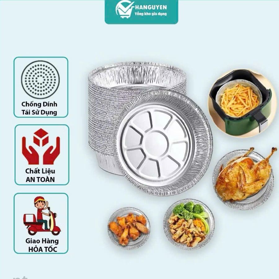 COMBO 100 Khay Giấy Bạc Lót Nồi Chiên Không Dầu, Lò Nướng - Khuôn Đĩa Nhôm Đựng Thức Ăn, Thực Phẩm 22-23cm