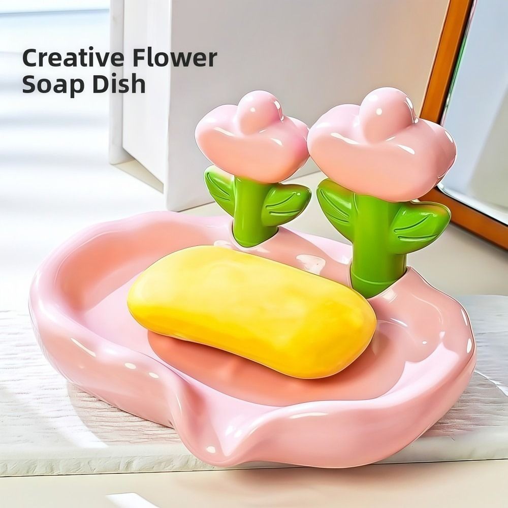 Đĩa xà phòng thoát nước YRBWDYZDH, Thiết kế hoa Tulip với khay đựng xà phòng máng thoát nước, chống trượt Không cần khoan Giá đựng xà phòng màu trơn Trang trí phòng tắm tại nhà