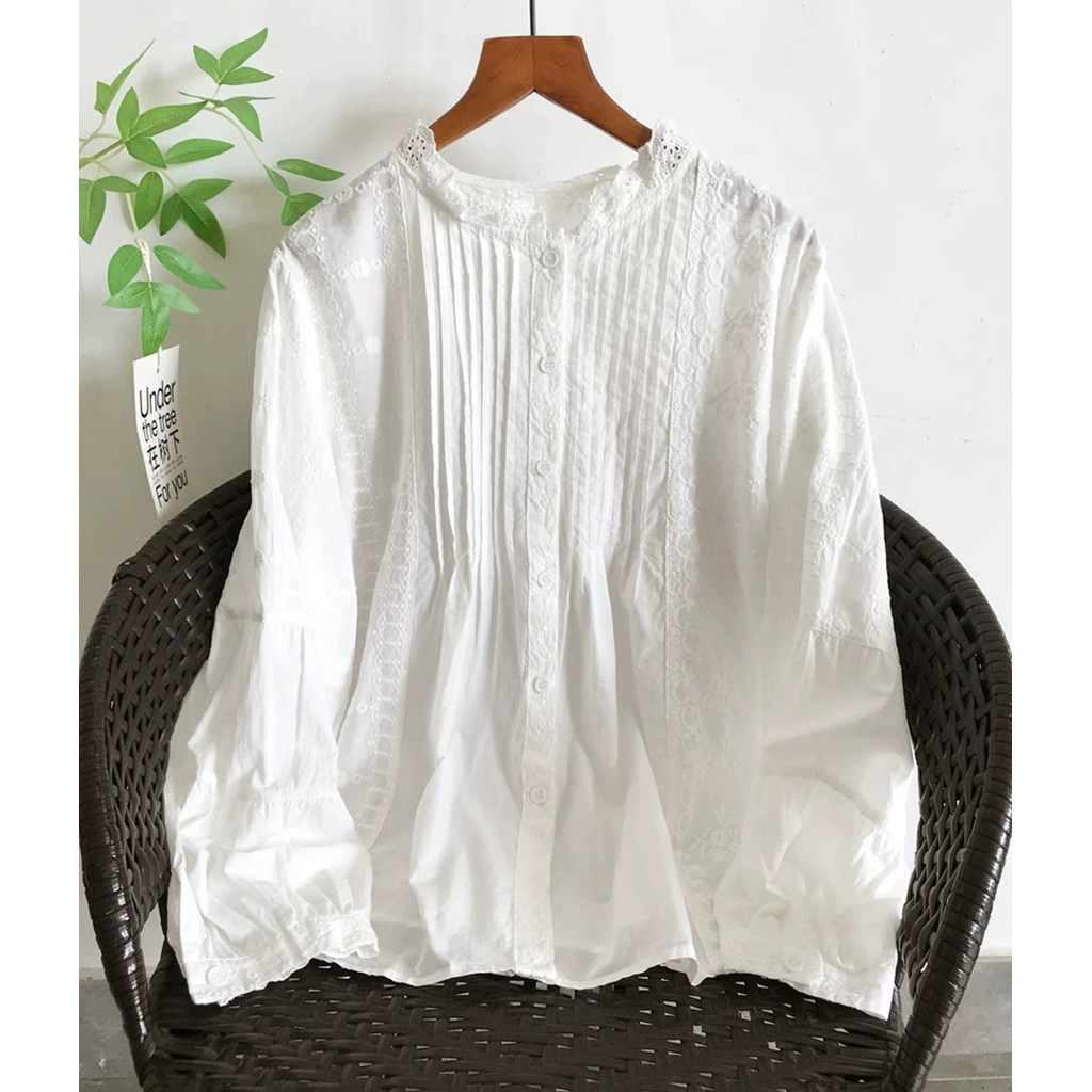 Áo sơ mi nữ cotton nguyên chất màu trơn kiểu Pháp, cổ ren đứng xếp li, phong cách văn học