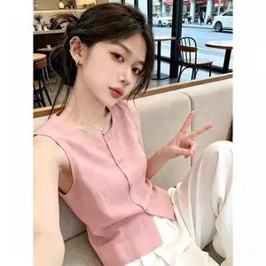 2026 Bộ đồ hai mảnh màu hồng phong cách Hàn Quốc Áo vest không tay có áo sơ mi mỏng Áo vest giảm tuổi mùa hè