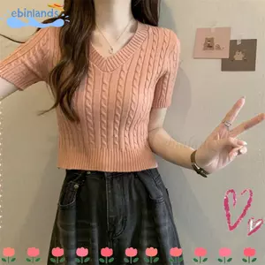Áo cổ chữ V EBINLANDS, Áo thun Hàn Quốc ngọt ngào mùa hè, Tính khí phổ biến Thường ngày Thin Top Street