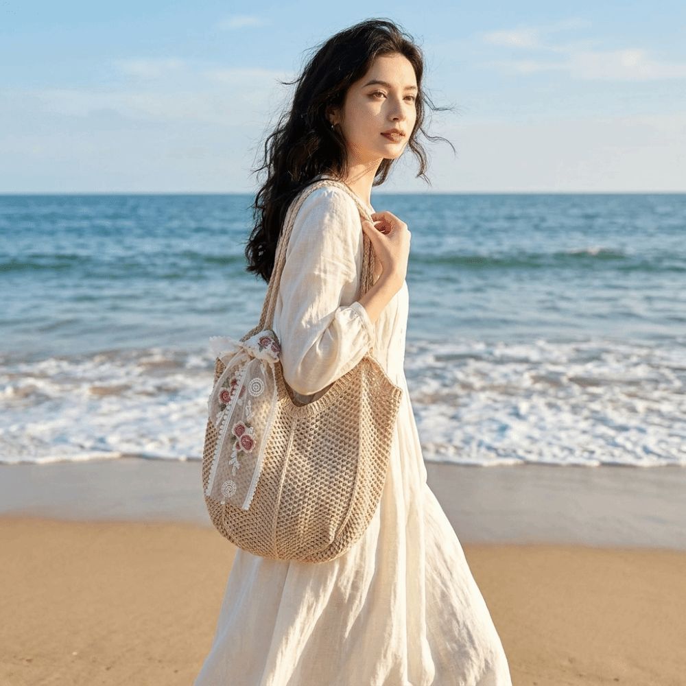 Túi đeo vai dệt kim FEDAOG, Phong cách Bohemian với nơ ren Túi đeo vai dệt, Túi Tote móc nhẹ dung tích lớn thông thường Túi đeo hàng ngày